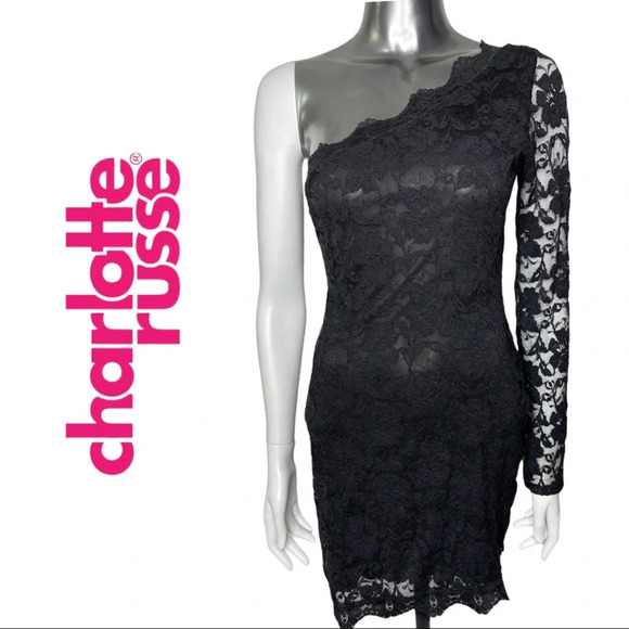 Charlotte Russe  One Shoulder Black Lace Bodycon Size Small - Picture 1 of 4